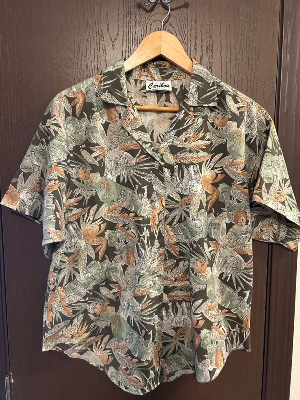 Vtg Safari African Wildlife Print Short-Sleeve Button-Up Shirt Women’s XL